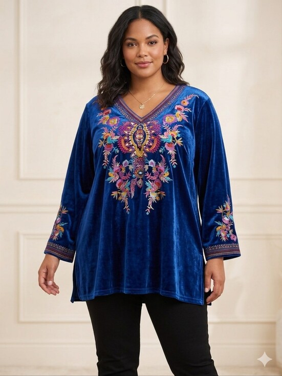 Calessa Tops - Calessa Navy Velvet Embroidered V-Neck Tunic, Size 2X